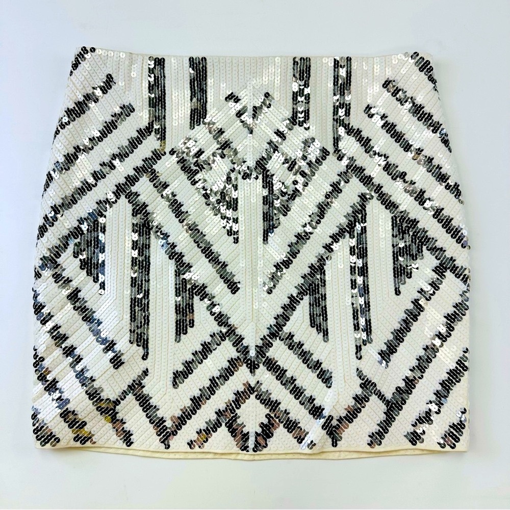 Express sequin white silver Art Deco stretch pull on lined skirt Large glam